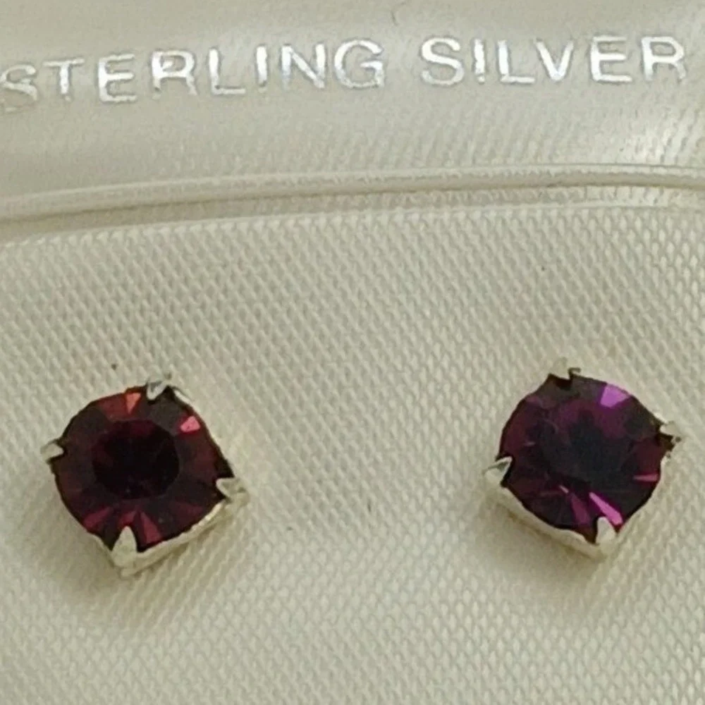 Sterling Silver Purple Crystal Stud Earrings Vintage Birthstone Jewelry February